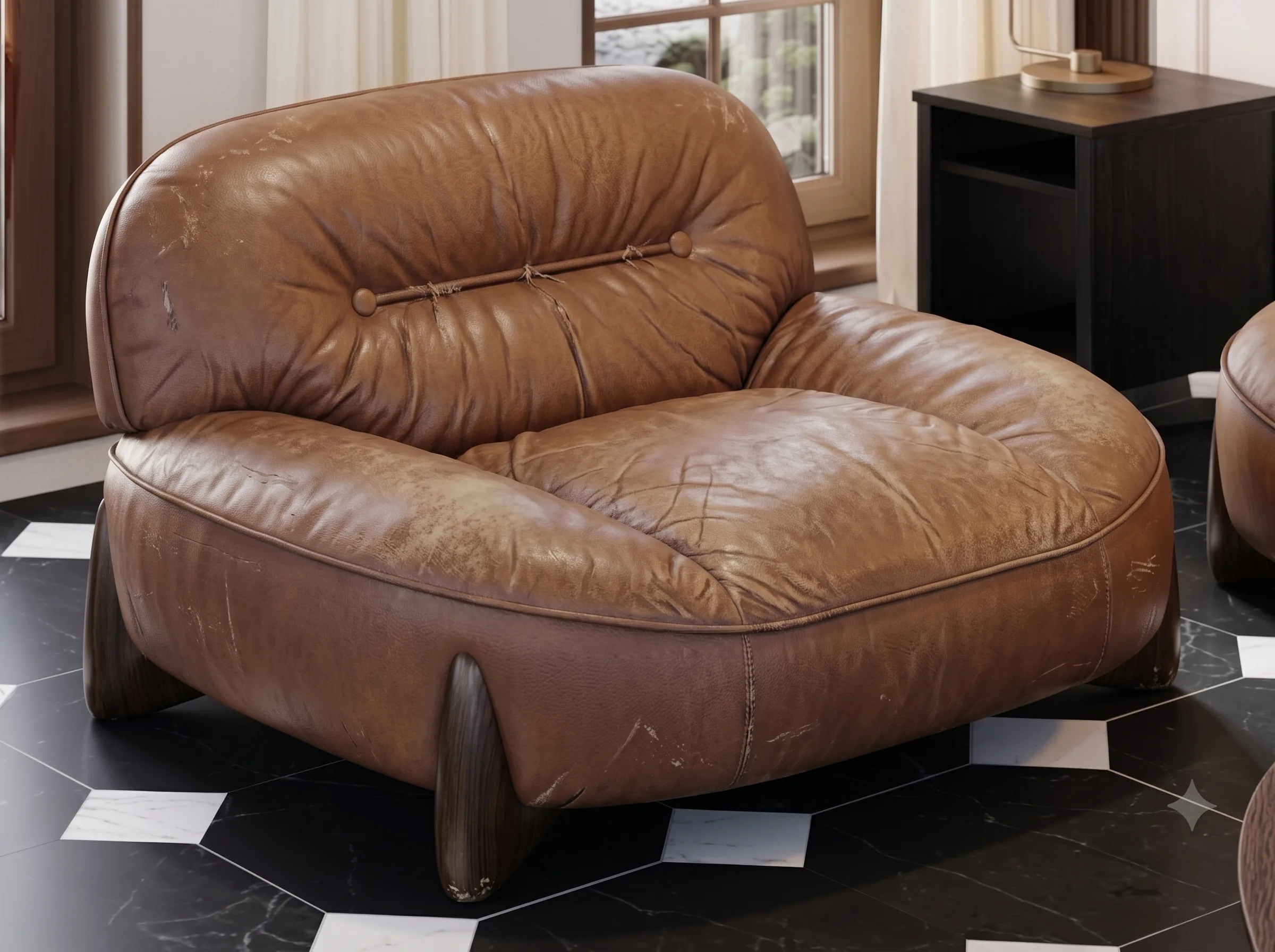 Scuffed, worn tan leather lounge chair before restoration